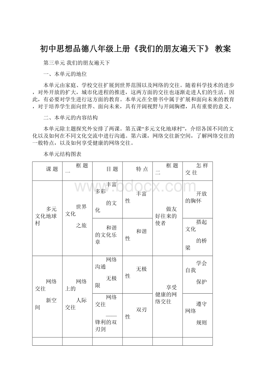 初中思想品德八年级上册《我们的朋友遍天下》 教案Word格式文档下载.docx_第1页