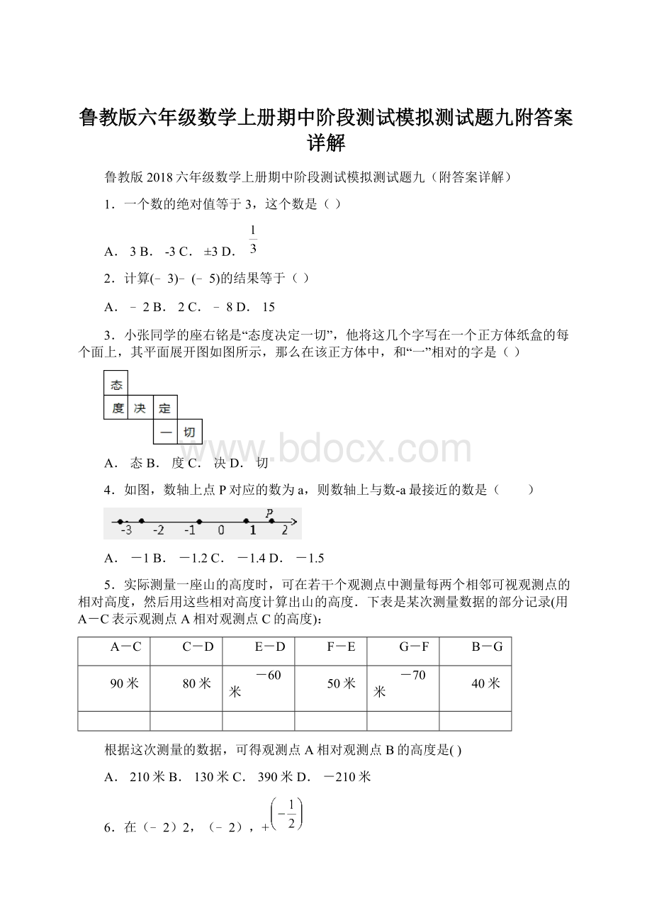 鲁教版六年级数学上册期中阶段测试模拟测试题九附答案详解.docx_第1页