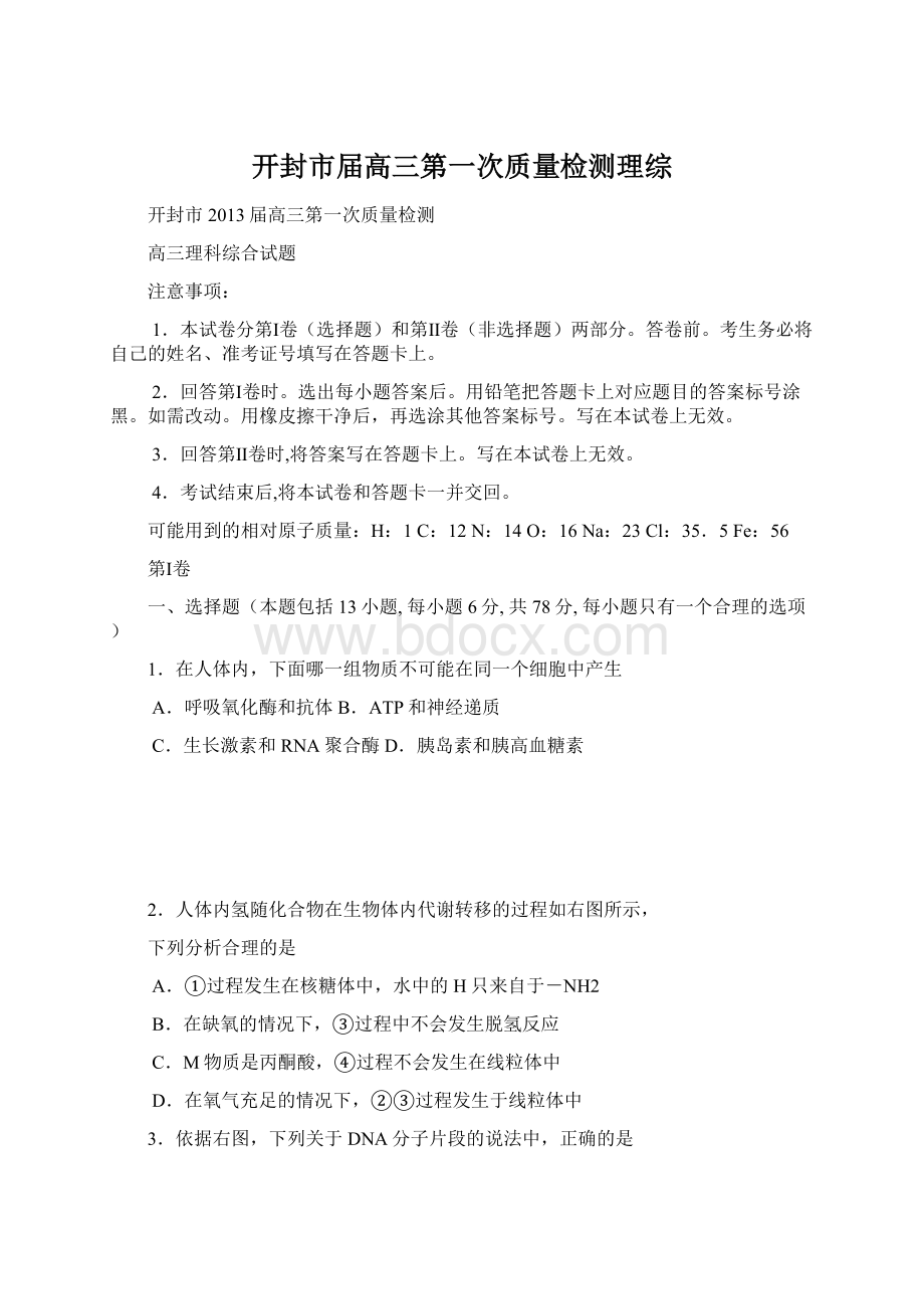 开封市届高三第一次质量检测理综Word格式文档下载.docx_第1页