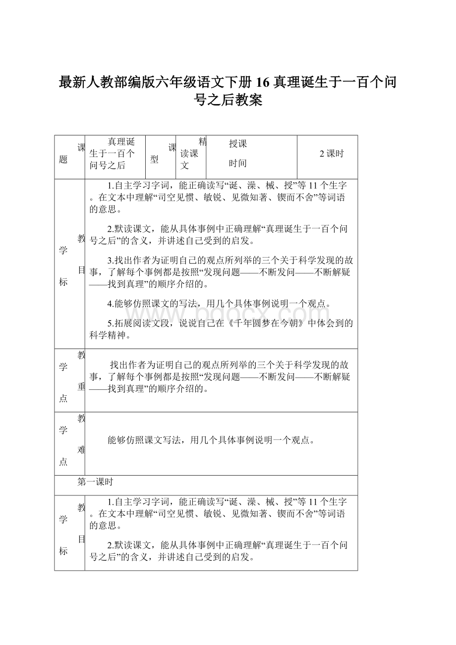 最新人教部编版六年级语文下册16 真理诞生于一百个问号之后教案.docx_第1页