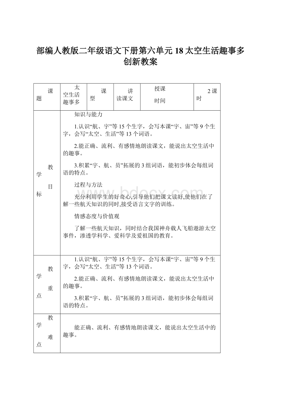 部编人教版二年级语文下册第六单元 18太空生活趣事多创新教案Word文件下载.docx