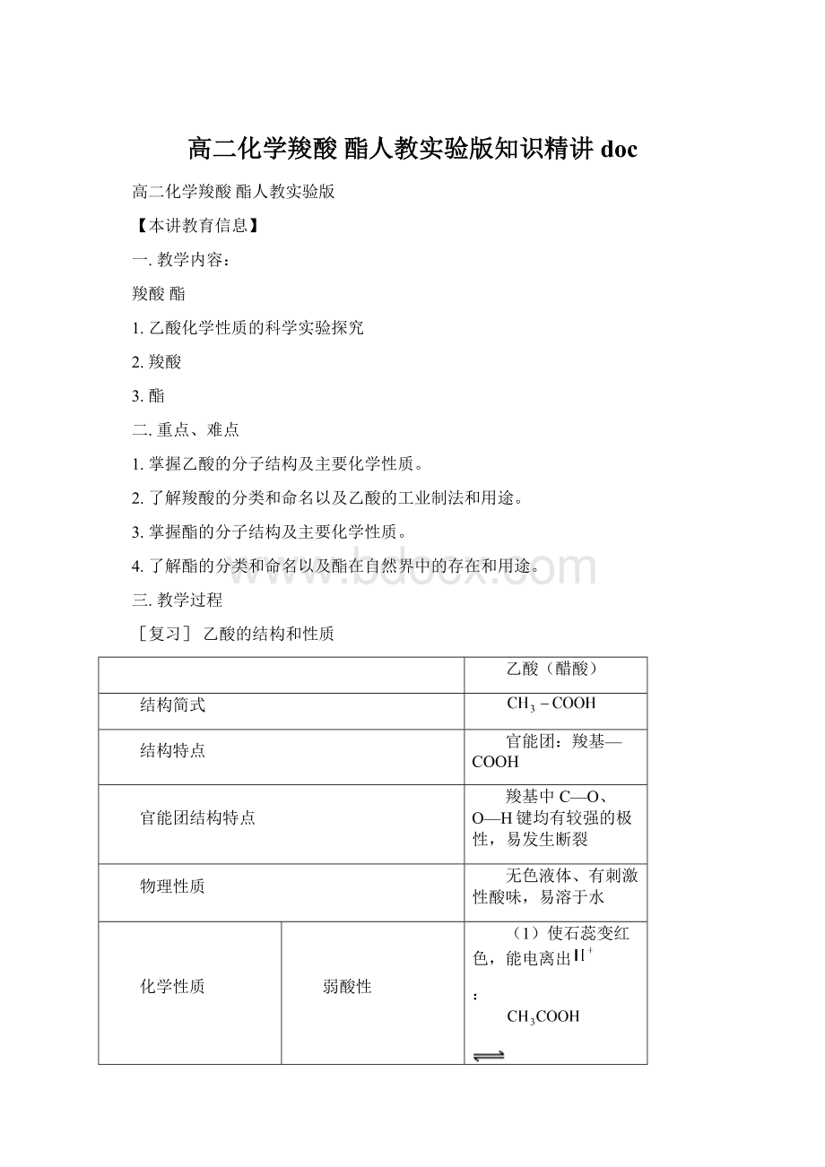 高二化学羧酸 酯人教实验版知识精讲doc.docx_第1页