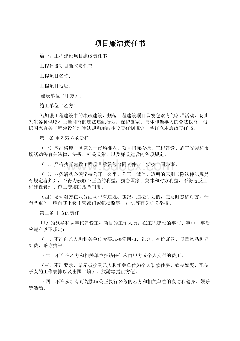 项目廉洁责任书.docx