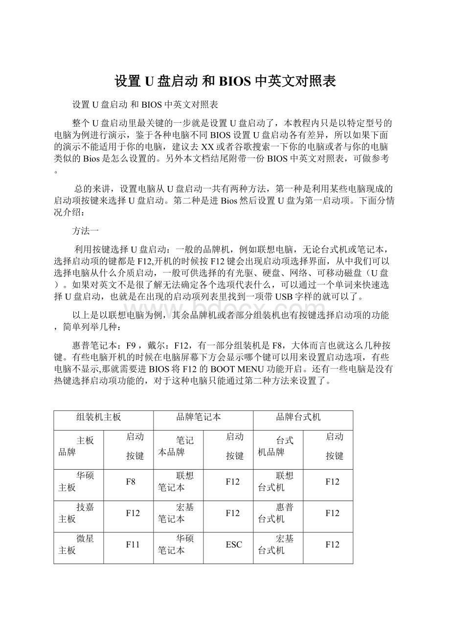 设置U盘启动 和 BIOS中英文对照表.docx_第1页