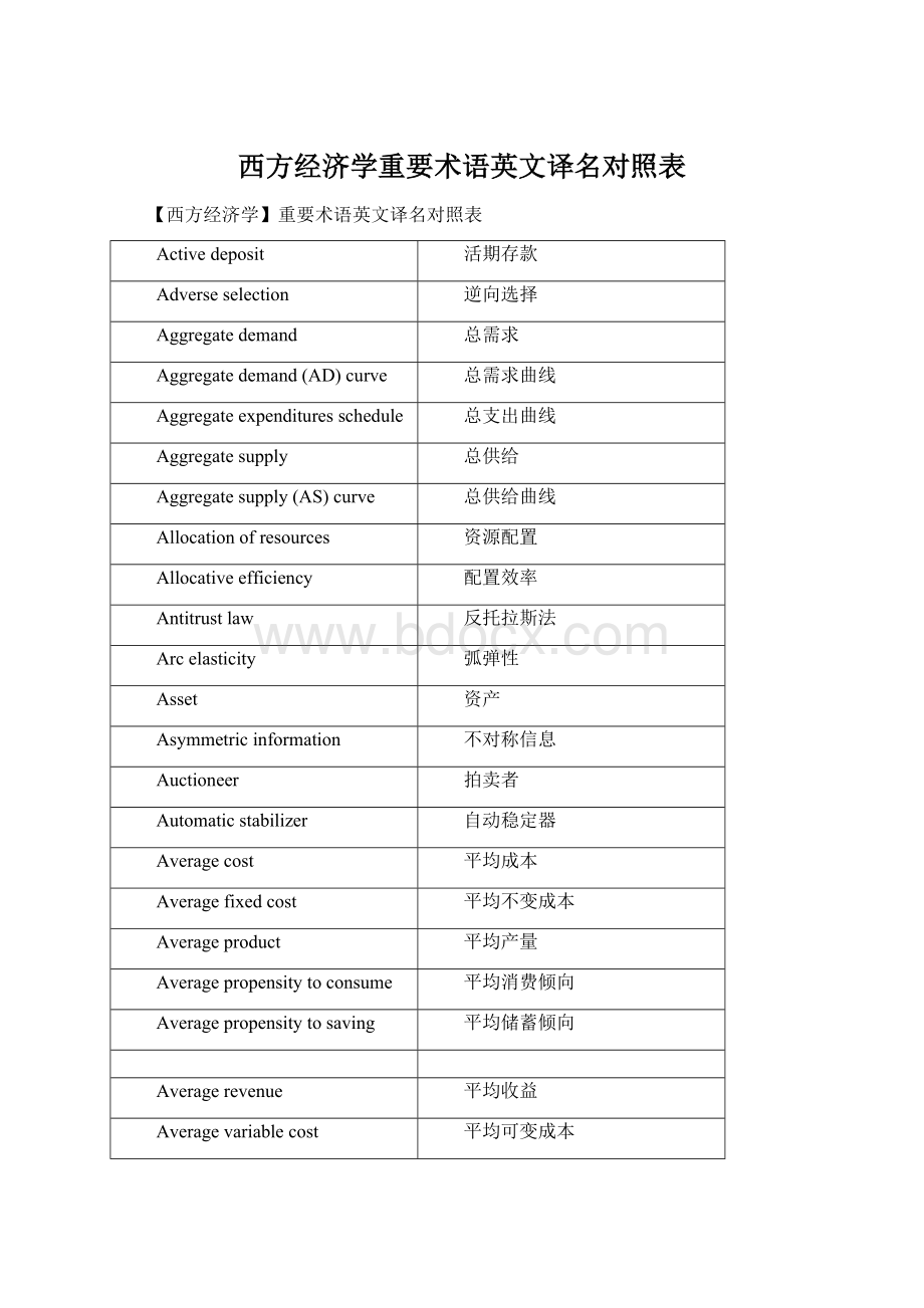 西方经济学重要术语英文译名对照表.docx_第1页