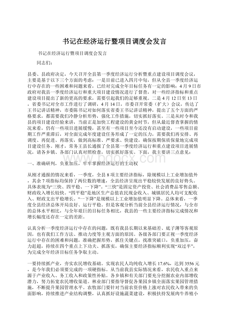 书记在经济运行暨项目调度会发言.docx_第1页