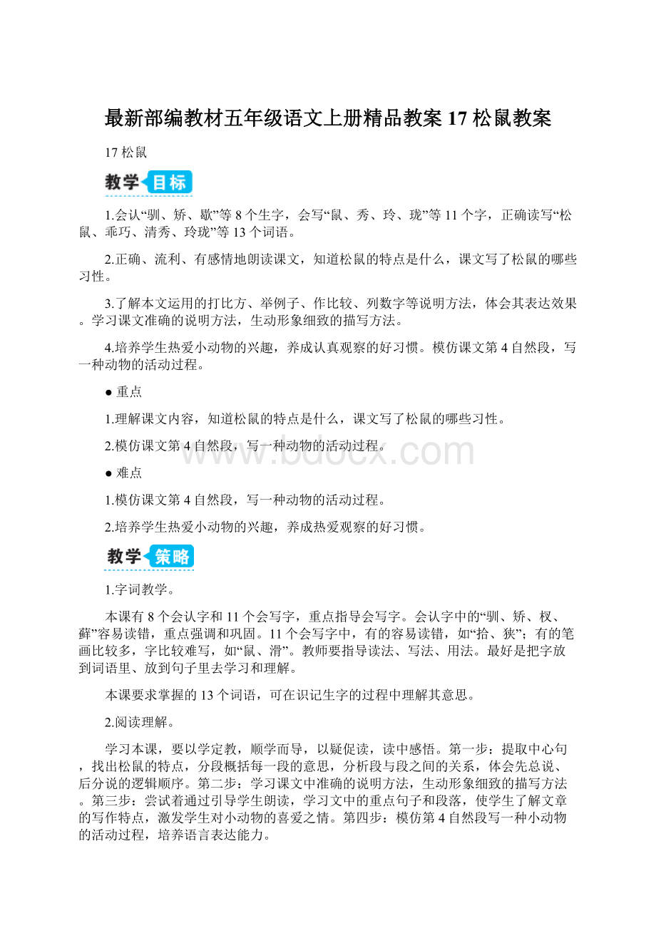 最新部编教材五年级语文上册精品教案17 松鼠教案.docx_第1页