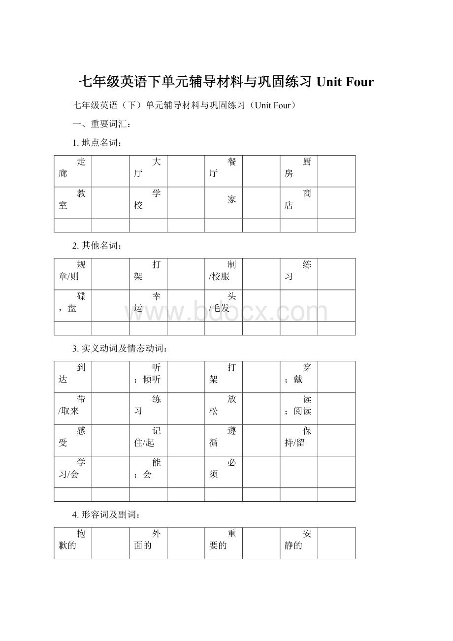 七年级英语下单元辅导材料与巩固练习Unit FourWord格式.docx