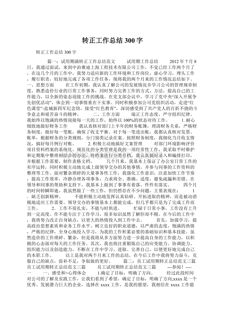 转正工作总结300字文档格式.docx