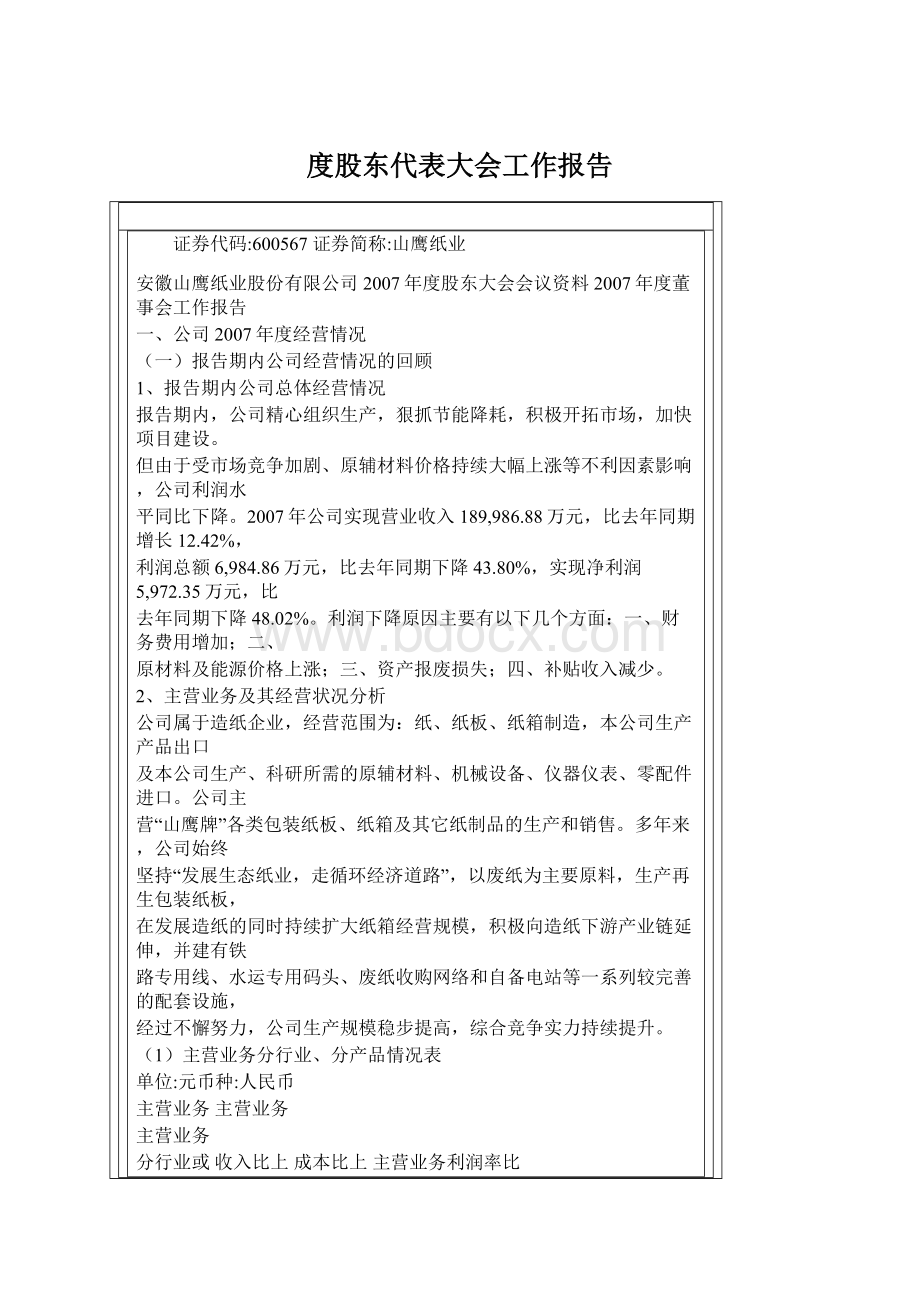 度股东代表大会工作报告Word下载.docx