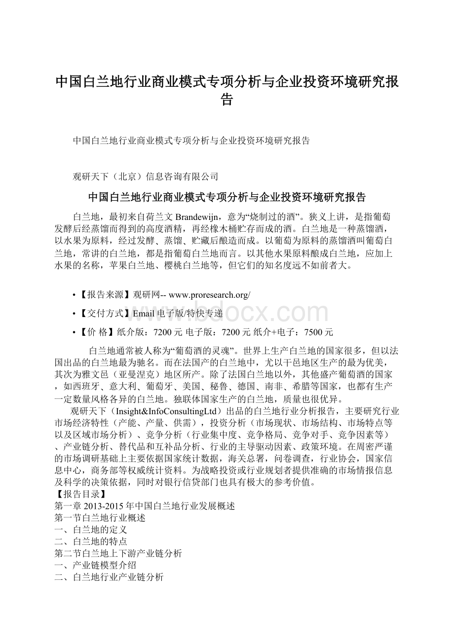 中国白兰地行业商业模式专项分析与企业投资环境研究报告Word文档格式.docx