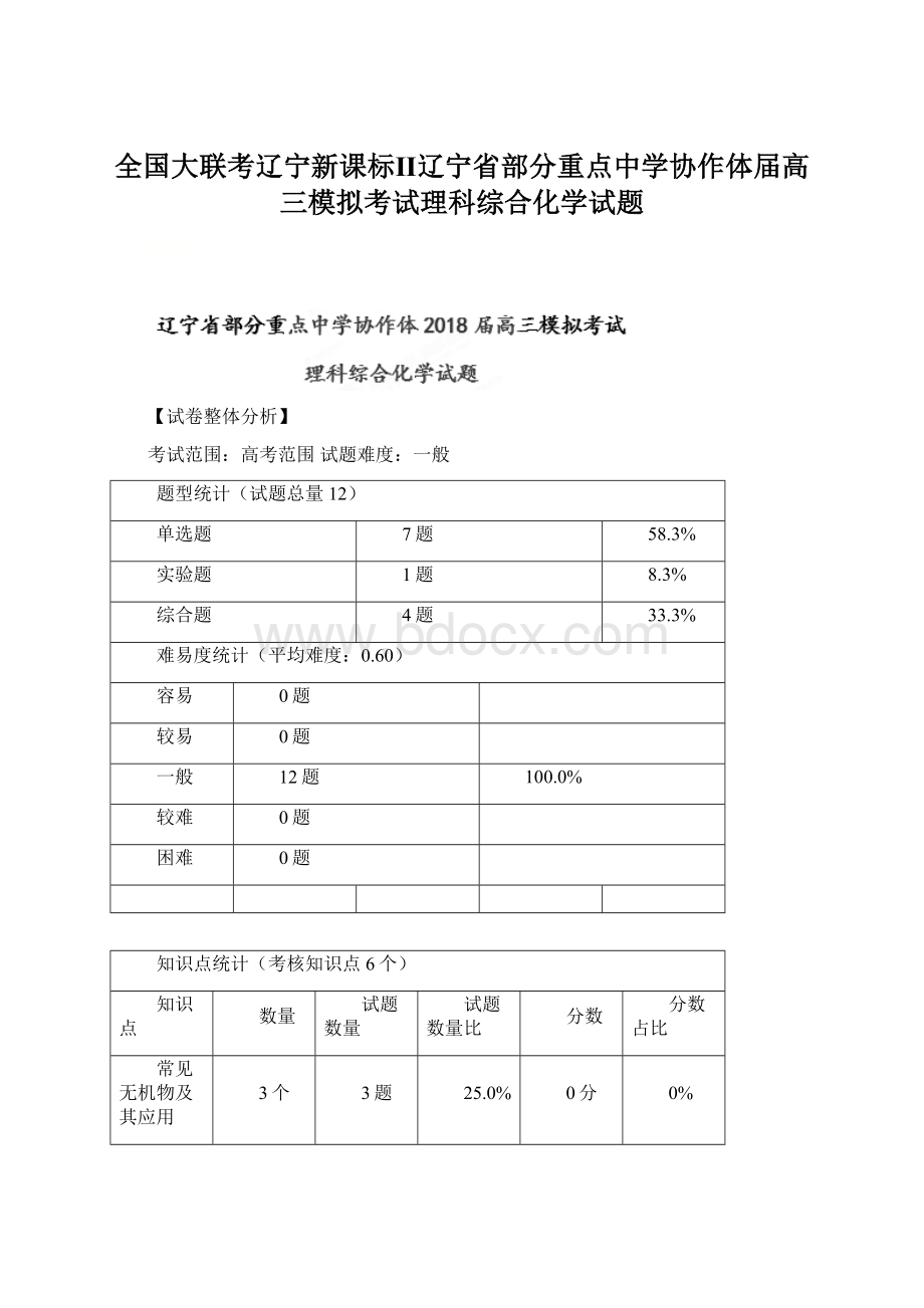 全国大联考辽宁新课标Ⅱ辽宁省部分重点中学协作体届高三模拟考试理科综合化学试题Word格式文档下载.docx