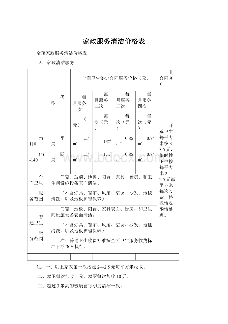 家政服务清洁价格表.docx