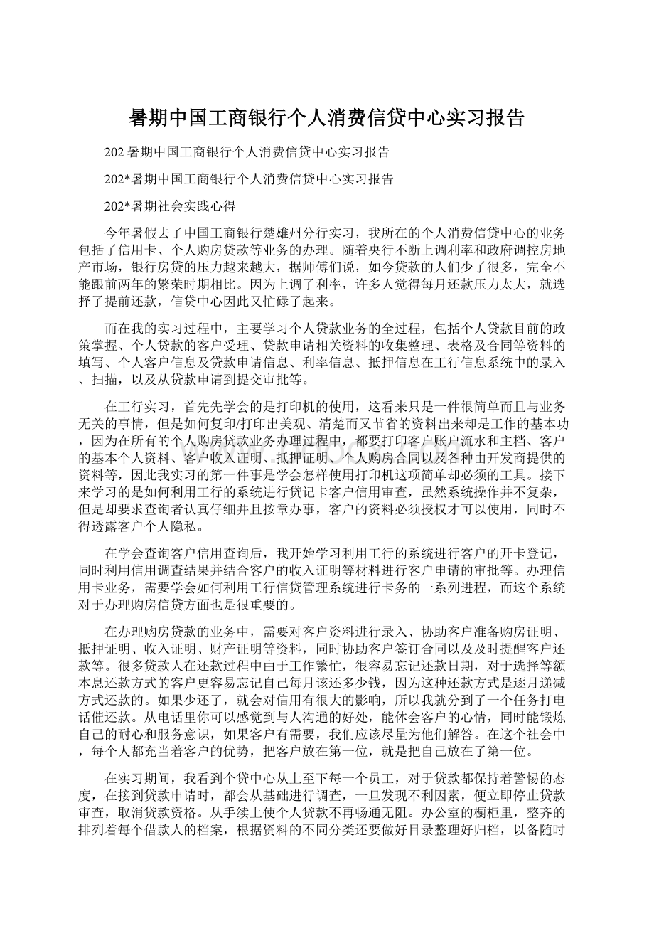 暑期中国工商银行个人消费信贷中心实习报告Word文档下载推荐.docx