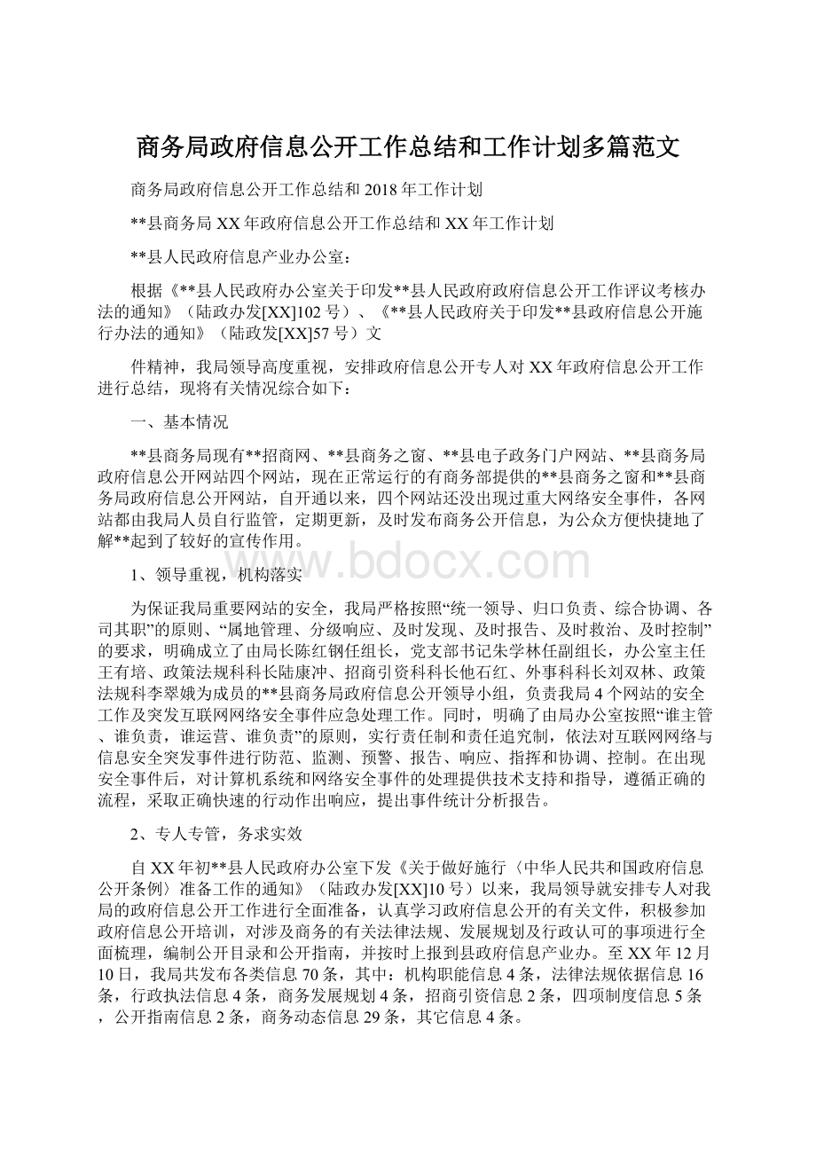 商务局政府信息公开工作总结和工作计划多篇范文.docx