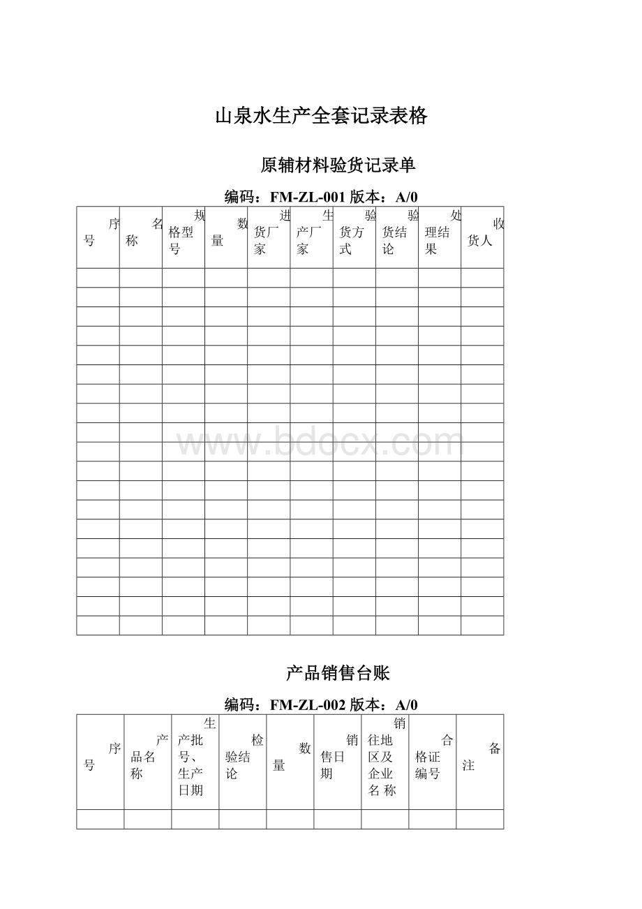 山泉水生产全套记录表格.docx