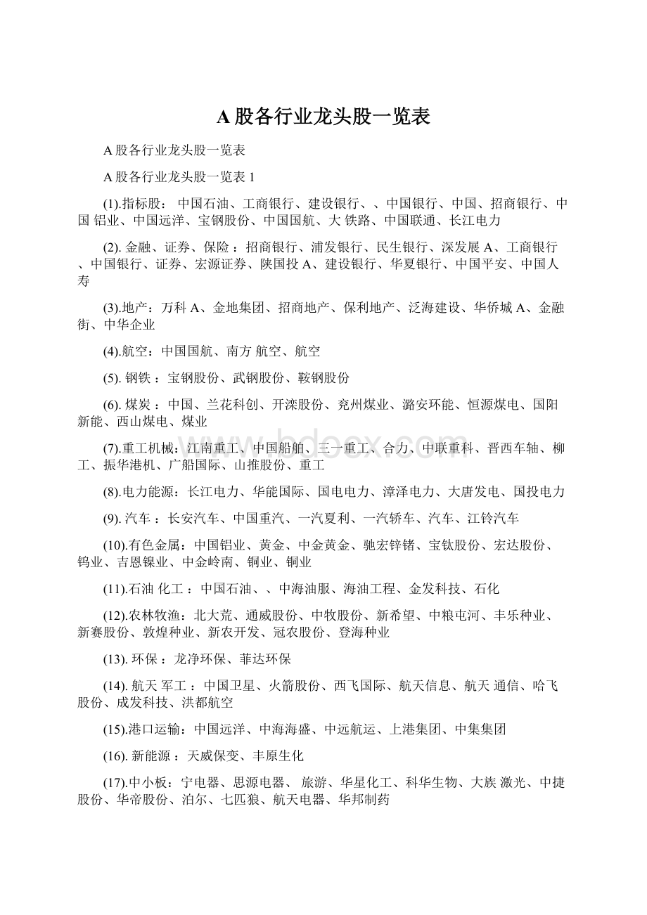 A股各行业龙头股一览表.docx