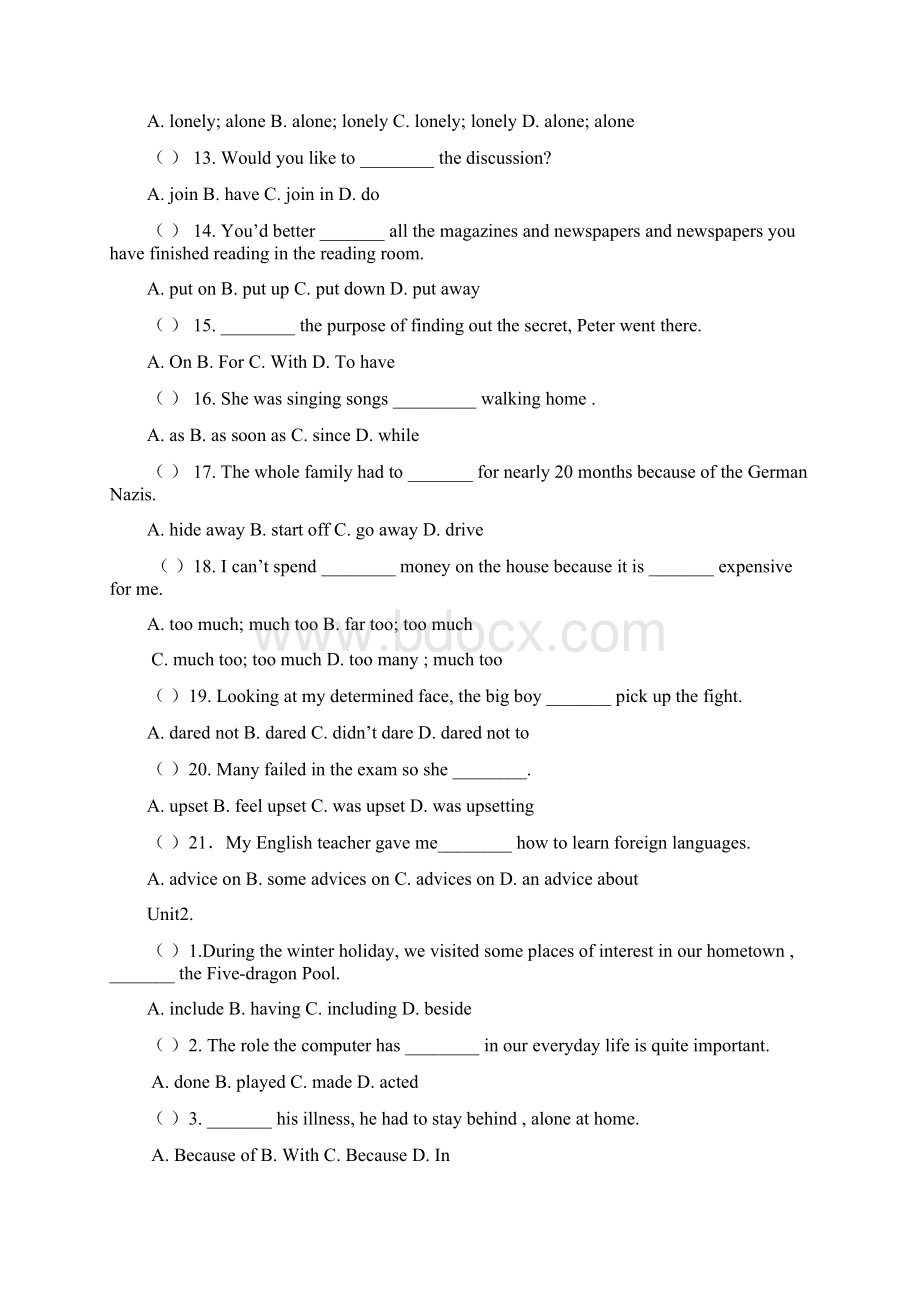 人教版高一英语必修一总复习单项选择题含答案Word文档格式.docx_第2页