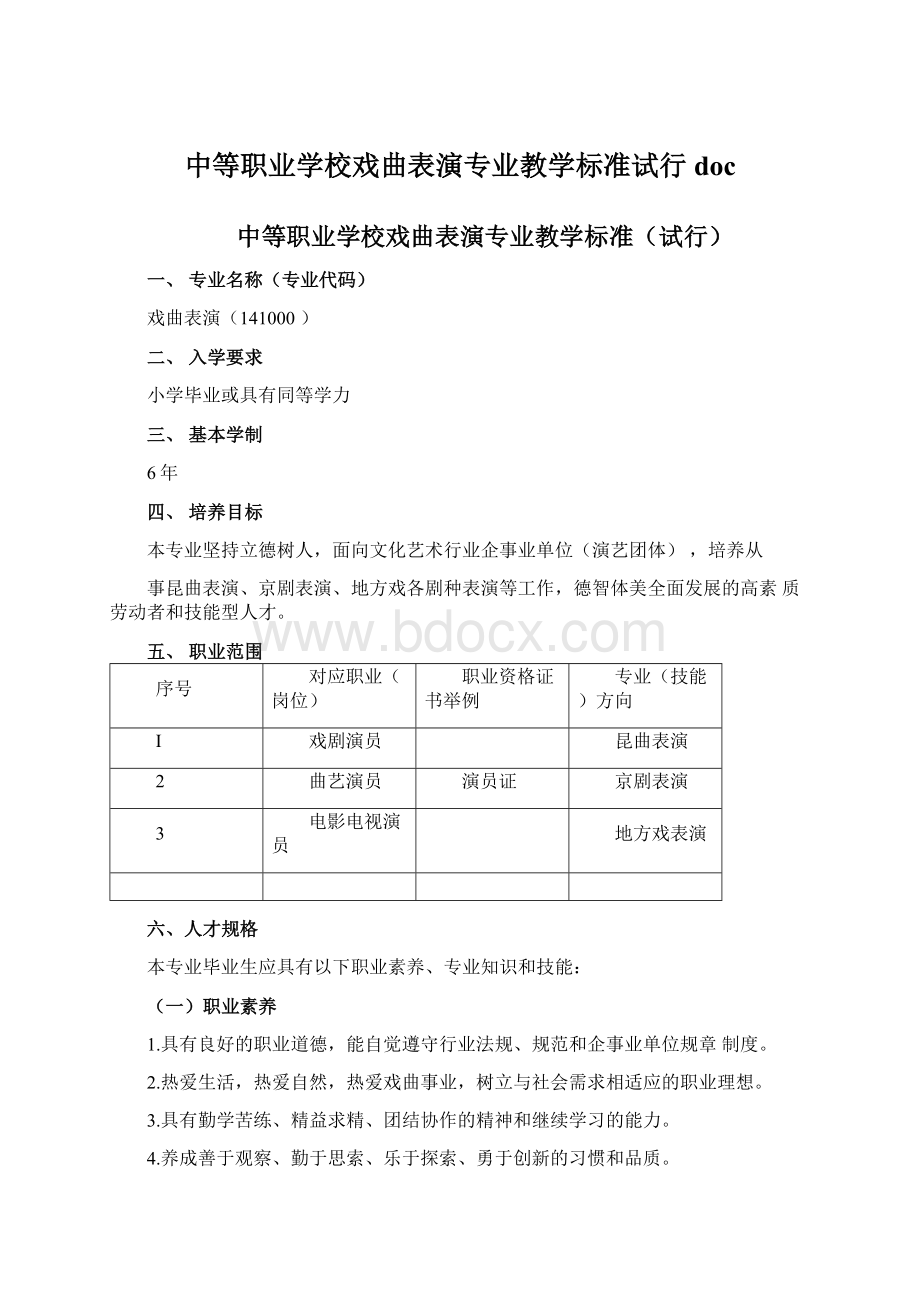 中等职业学校戏曲表演专业教学标准试行doc.docx_第1页