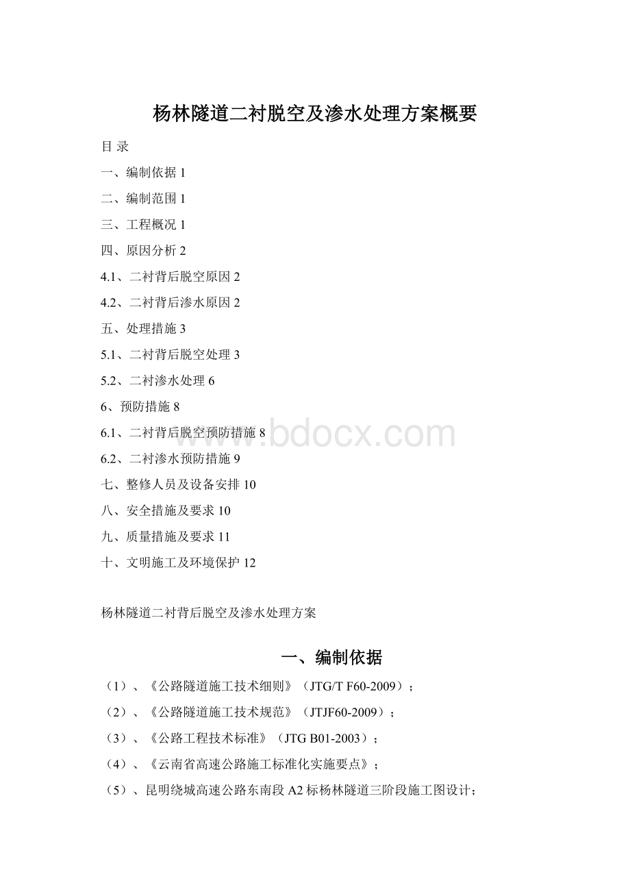 杨林隧道二衬脱空及渗水处理方案概要Word文件下载.docx