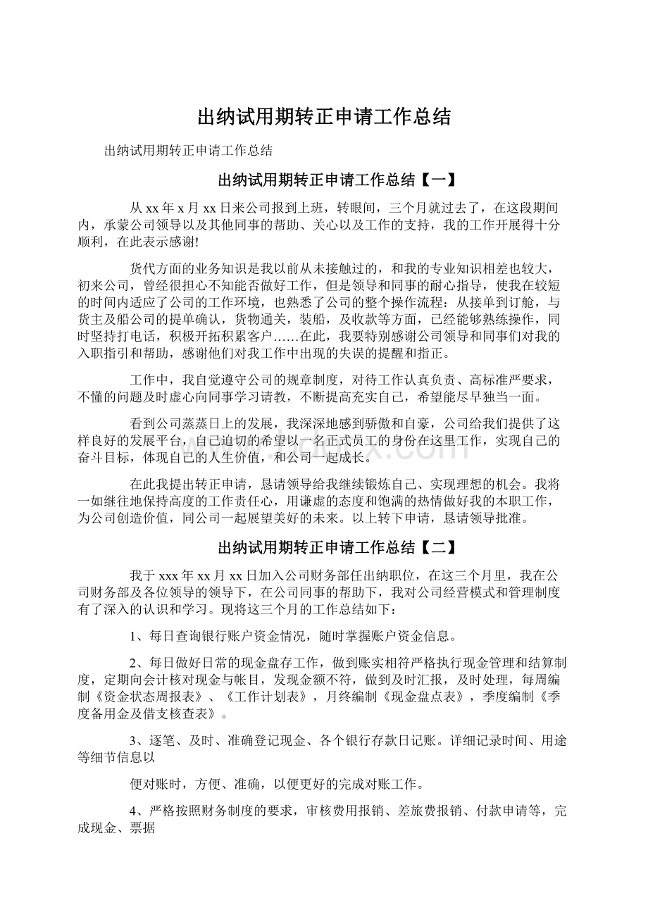 出纳试用期转正申请工作总结Word文档下载推荐.docx