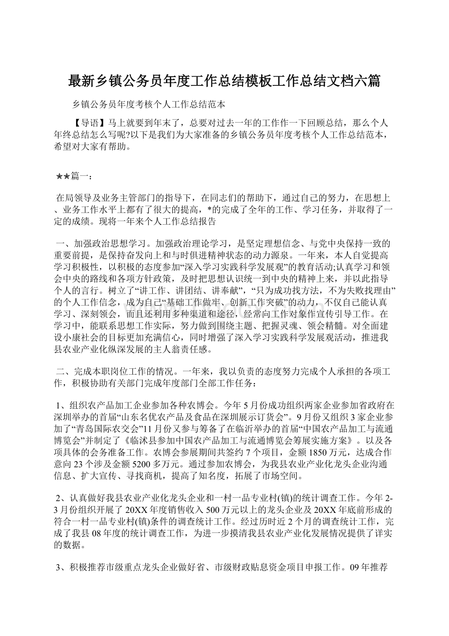 最新乡镇公务员年度工作总结模板工作总结文档六篇Word文档下载推荐.docx