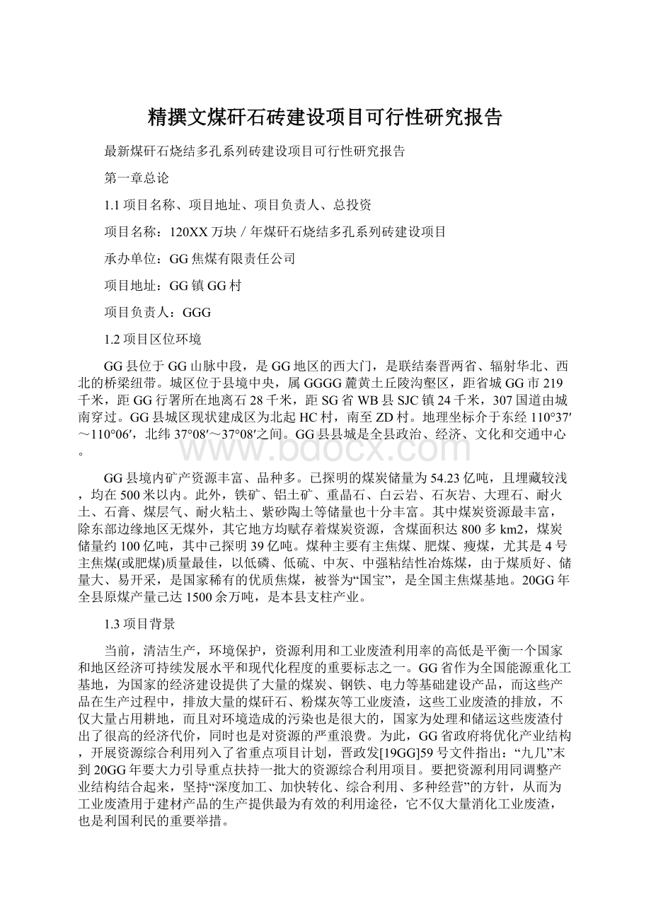 精撰文煤矸石砖建设项目可行性研究报告文档格式.docx_第1页