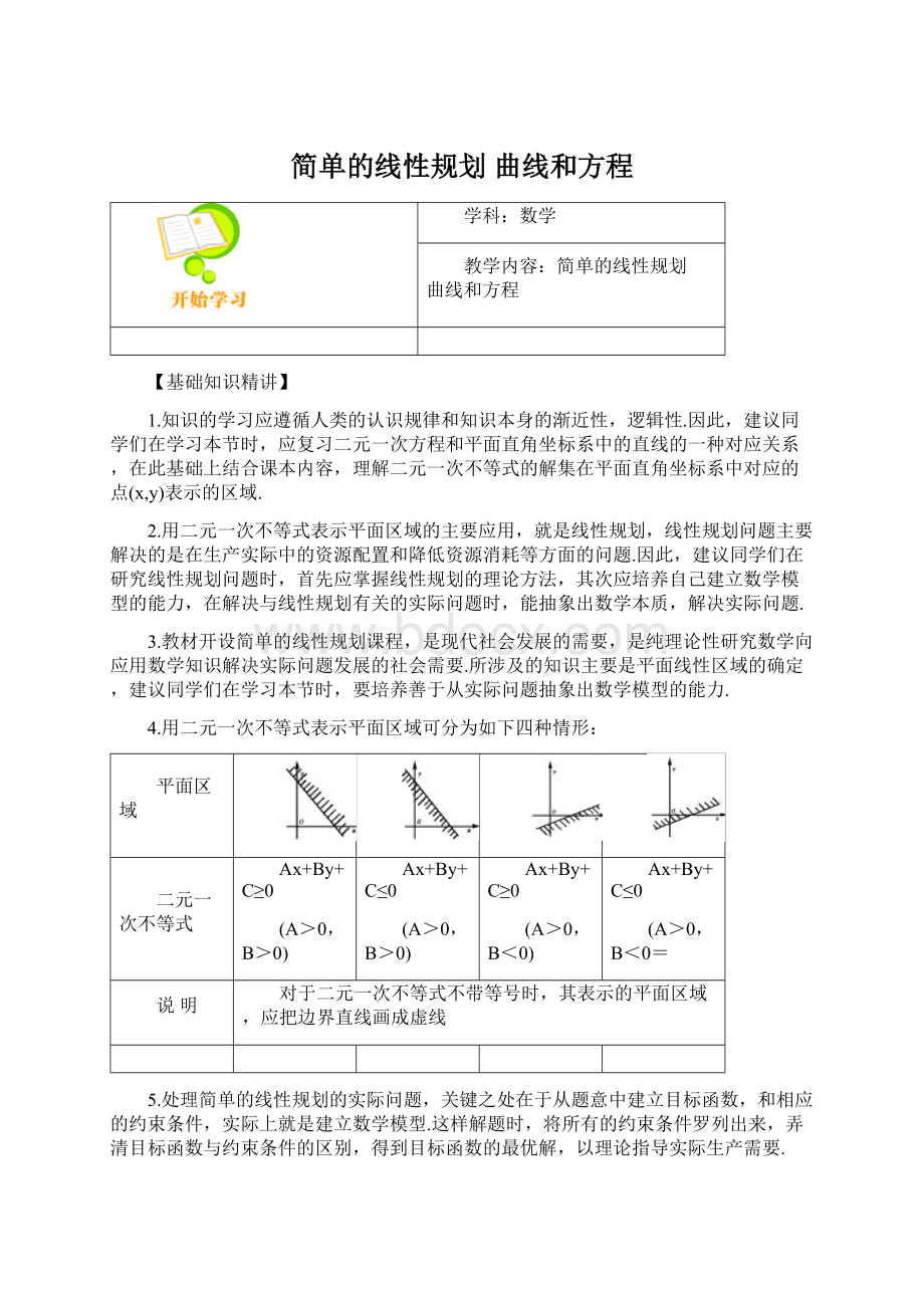 简单的线性规划 曲线和方程Word格式文档下载.docx_第1页