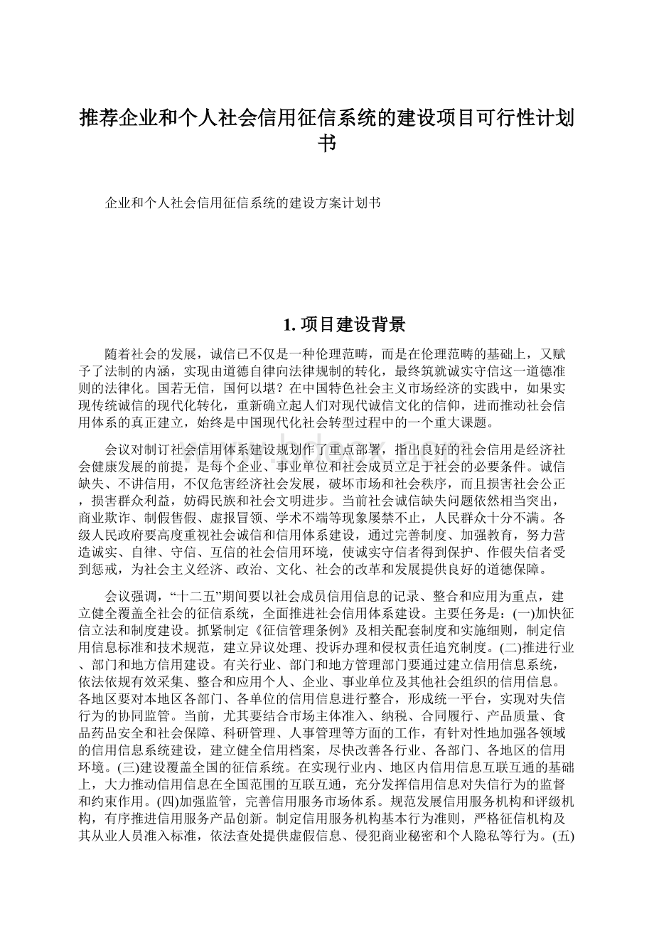 推荐企业和个人社会信用征信系统的建设项目可行性计划书文档格式.docx_第1页