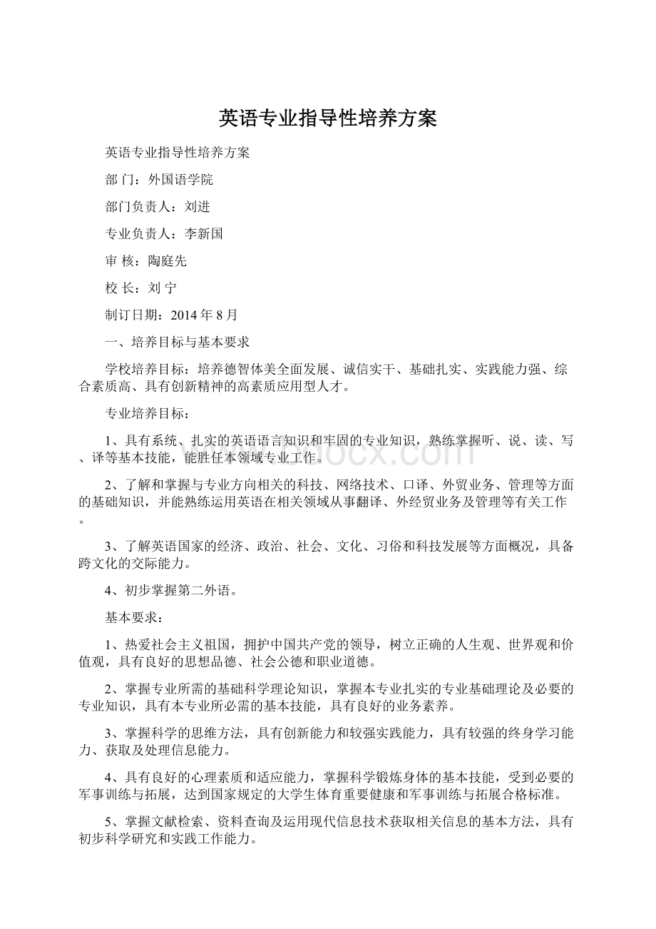 英语专业指导性培养方案Word下载.docx_第1页