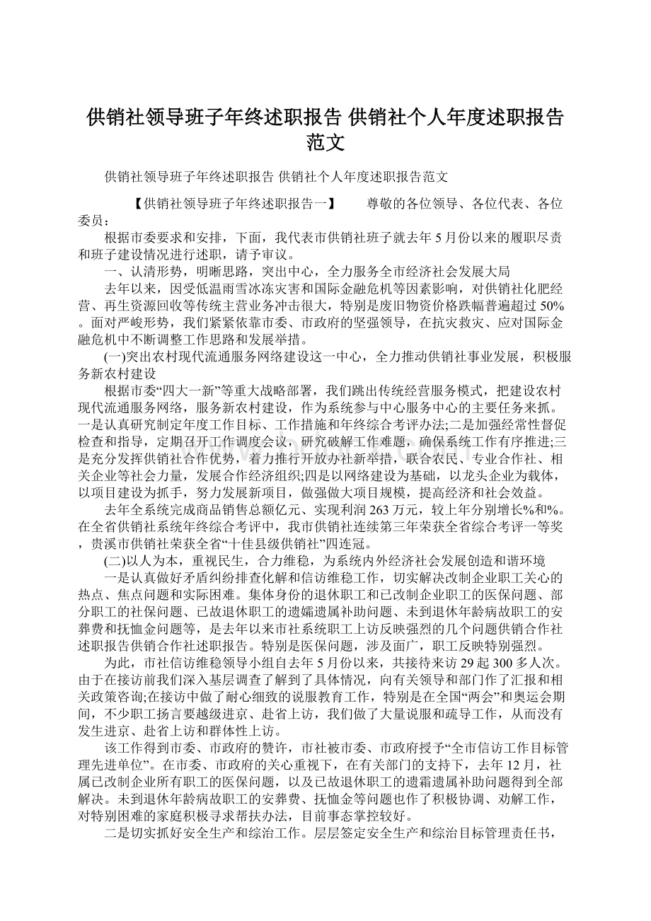 供销社领导班子年终述职报告 供销社个人年度述职报告范文.docx_第1页