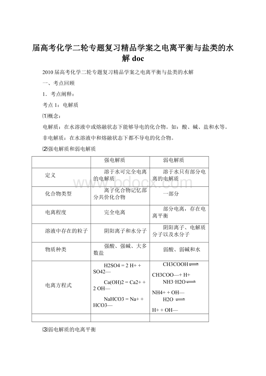 届高考化学二轮专题复习精品学案之电离平衡与盐类的水解 doc.docx_第1页