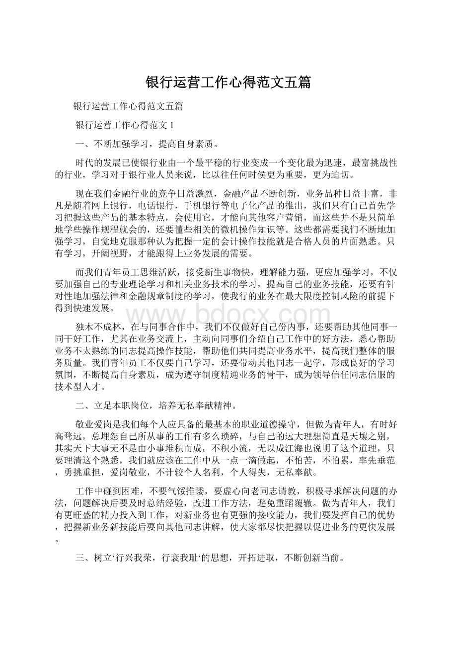 银行运营工作心得范文五篇文档格式.docx