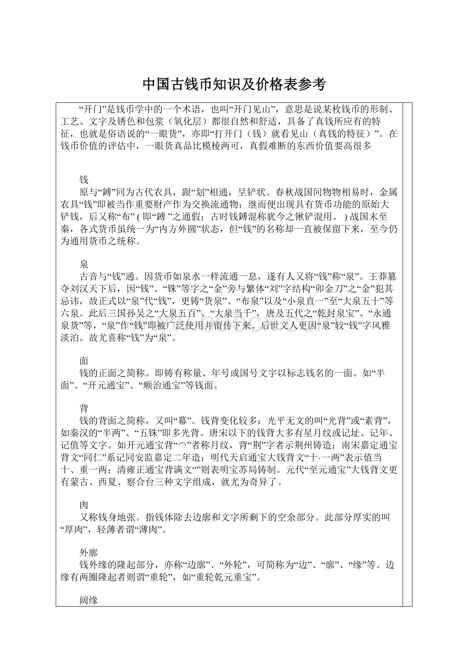 中国古钱币知识及价格表参考Word文件下载.docx_第1页