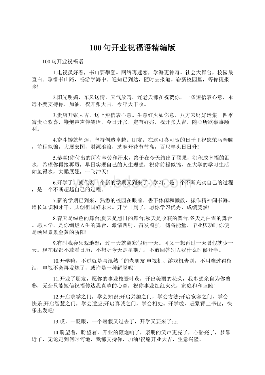 100句开业祝福语精编版文档格式.docx_第1页