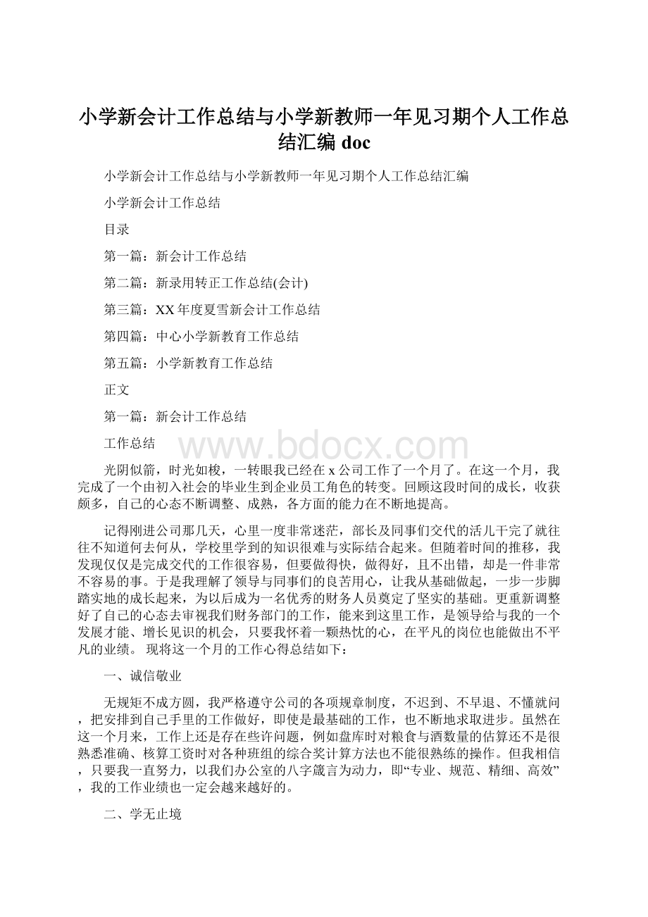 小学新会计工作总结与小学新教师一年见习期个人工作总结汇编docWord文档下载推荐.docx