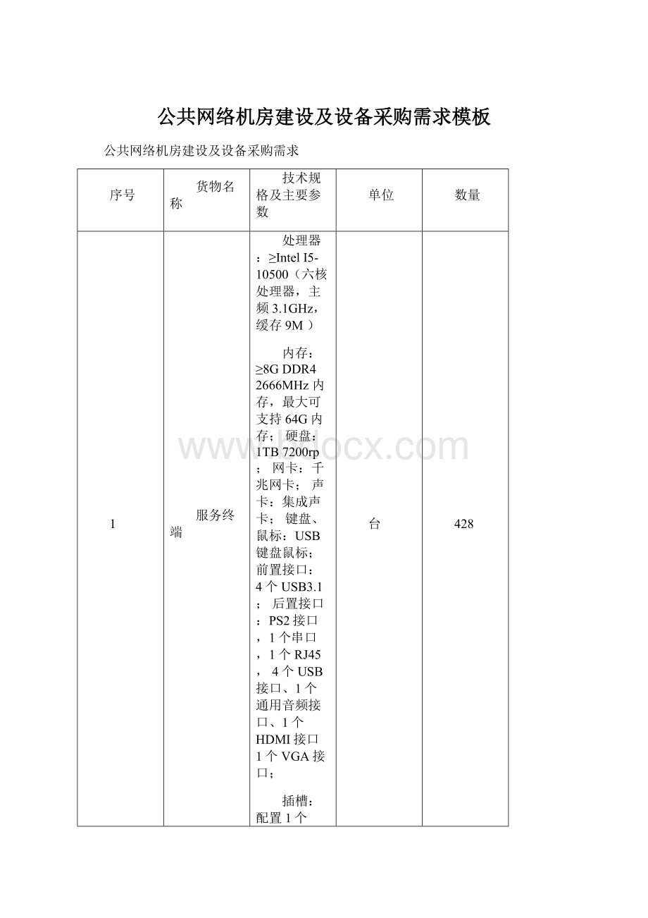 公共网络机房建设及设备采购需求模板Word文件下载.docx_第1页