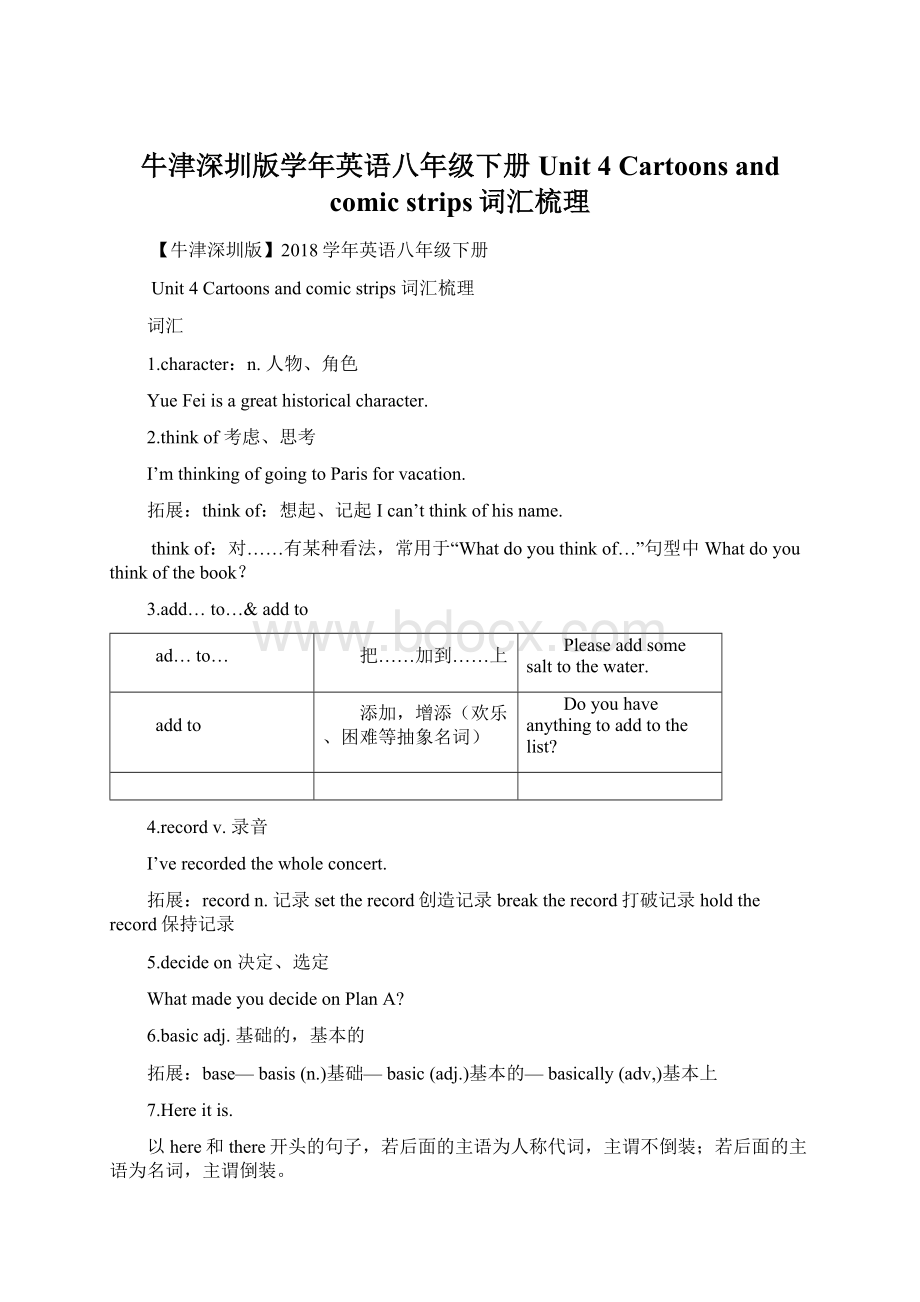 牛津深圳版学年英语八年级下册Unit 4 Cartoons and comic strips词汇梳理Word文档下载推荐.docx_第1页