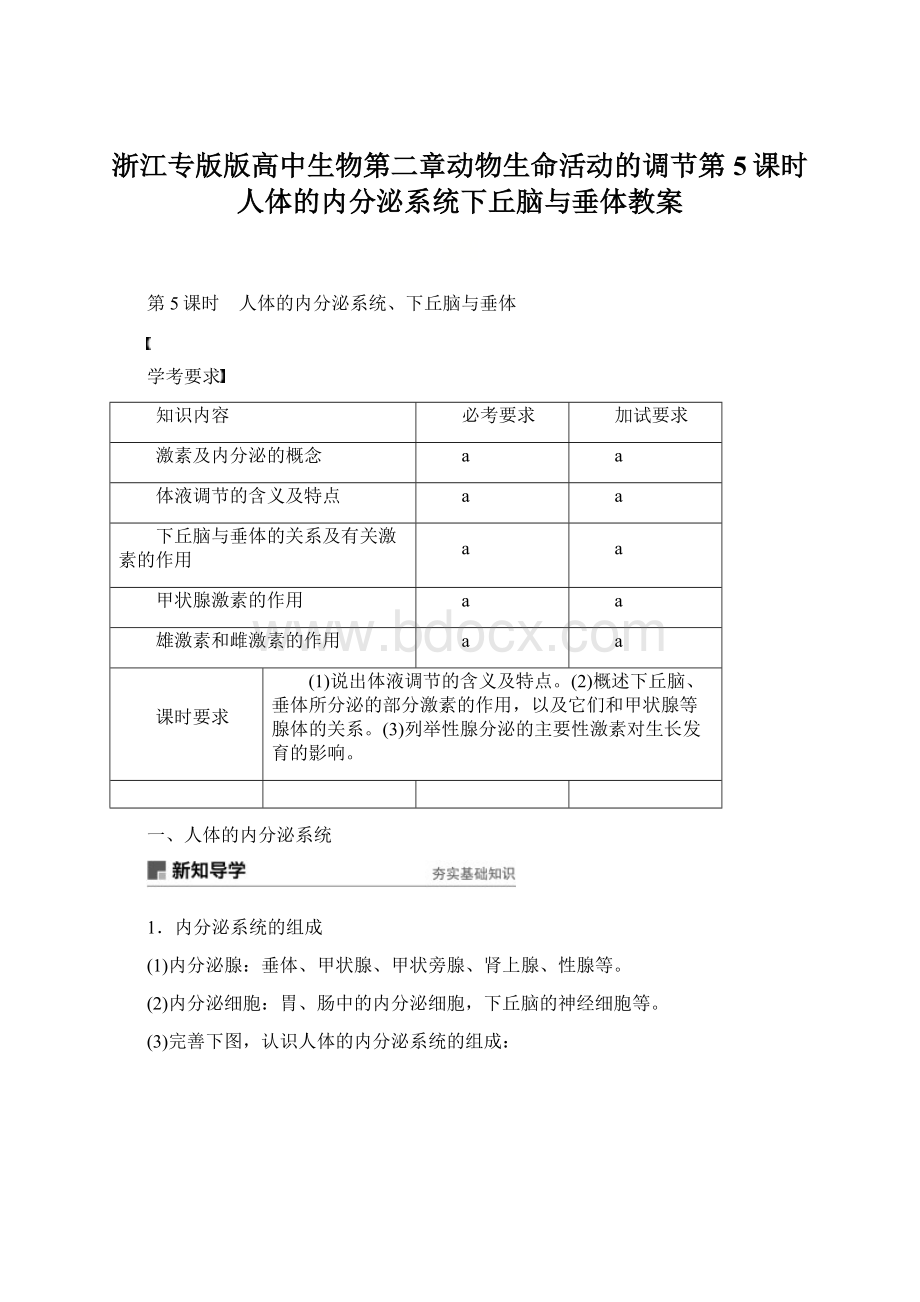 浙江专版版高中生物第二章动物生命活动的调节第5课时人体的内分泌系统下丘脑与垂体教案Word格式.docx