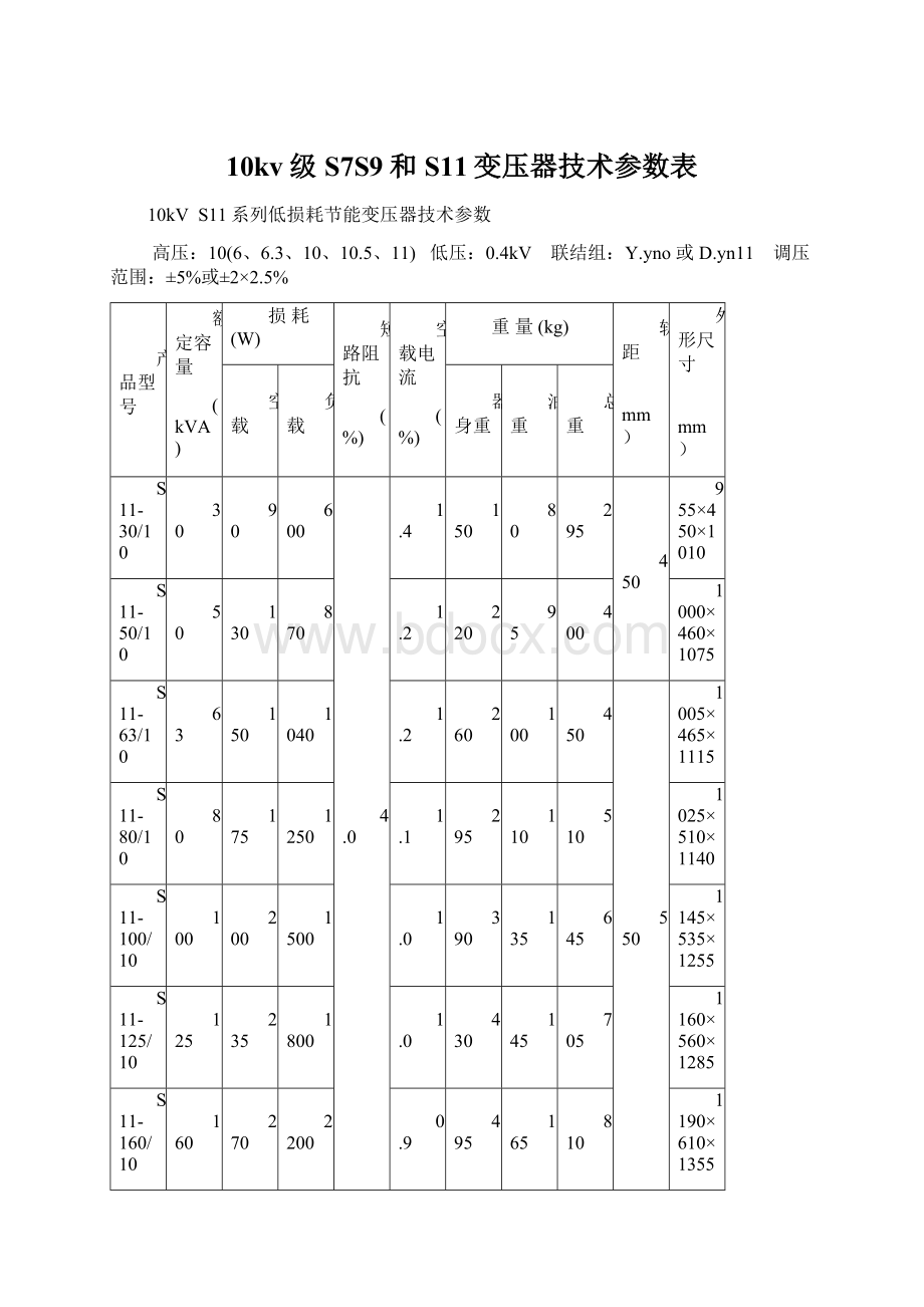 10kv级S7S9和S11变压器技术参数表Word文件下载.docx_第1页