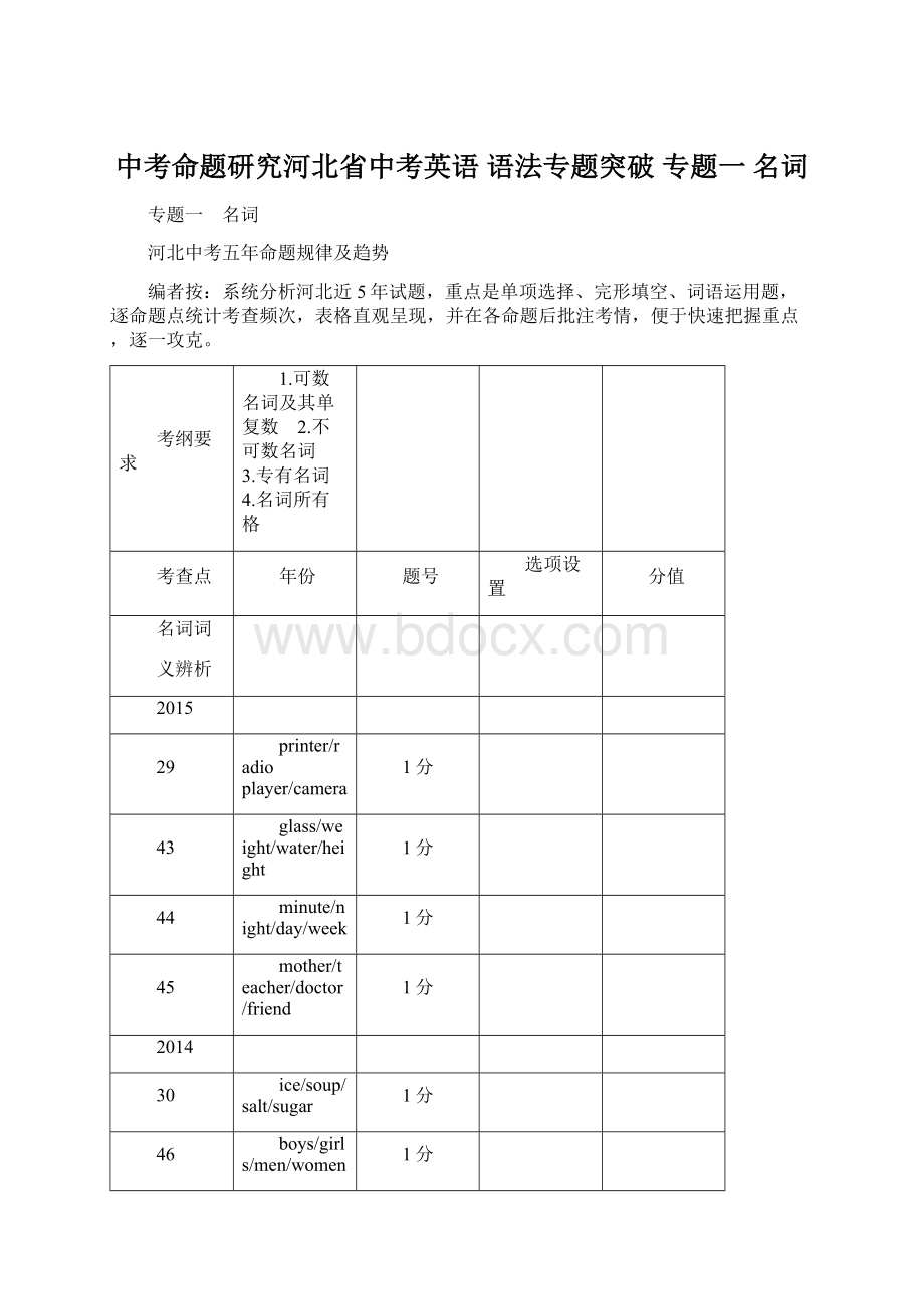 中考命题研究河北省中考英语 语法专题突破 专题一 名词Word下载.docx_第1页