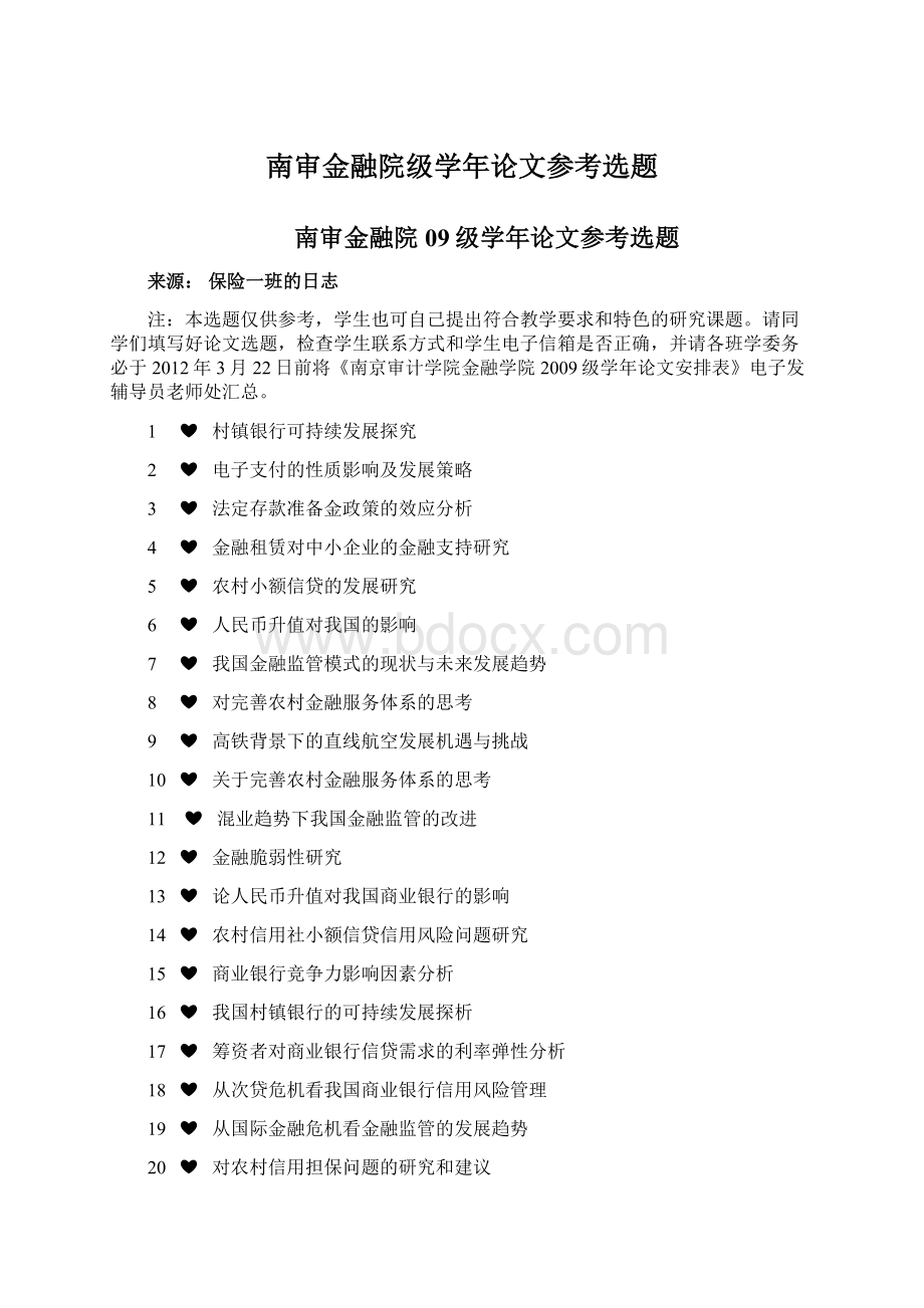 南审金融院级学年论文参考选题Word文件下载.docx