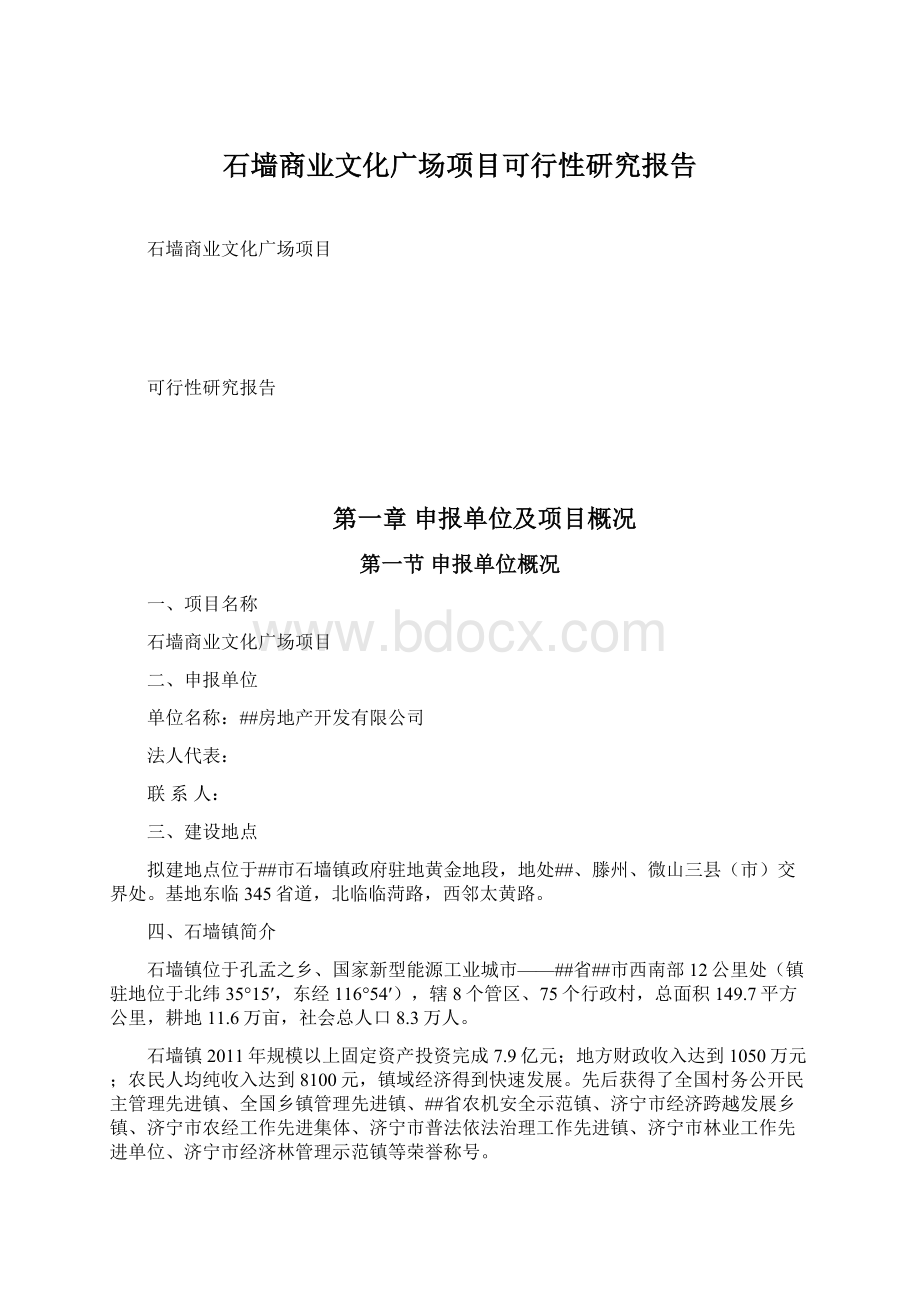 石墙商业文化广场项目可行性研究报告Word文档格式.docx