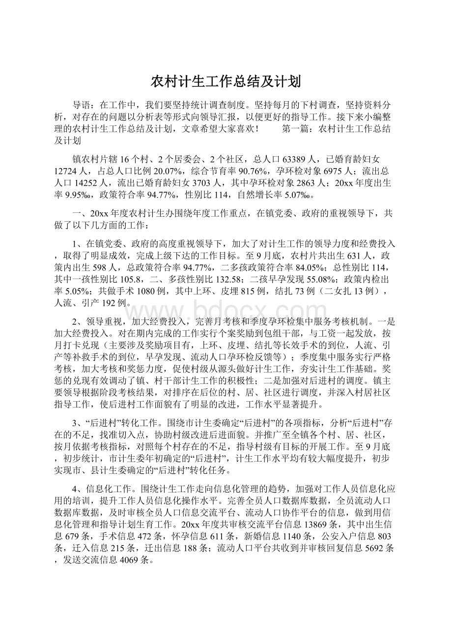 农村计生工作总结及计划.docx