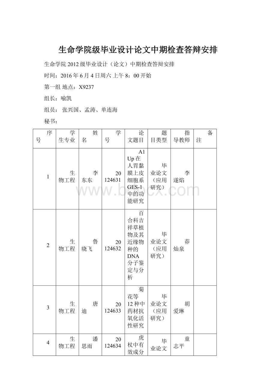 生命学院级毕业设计论文中期检查答辩安排Word文档下载推荐.docx_第1页