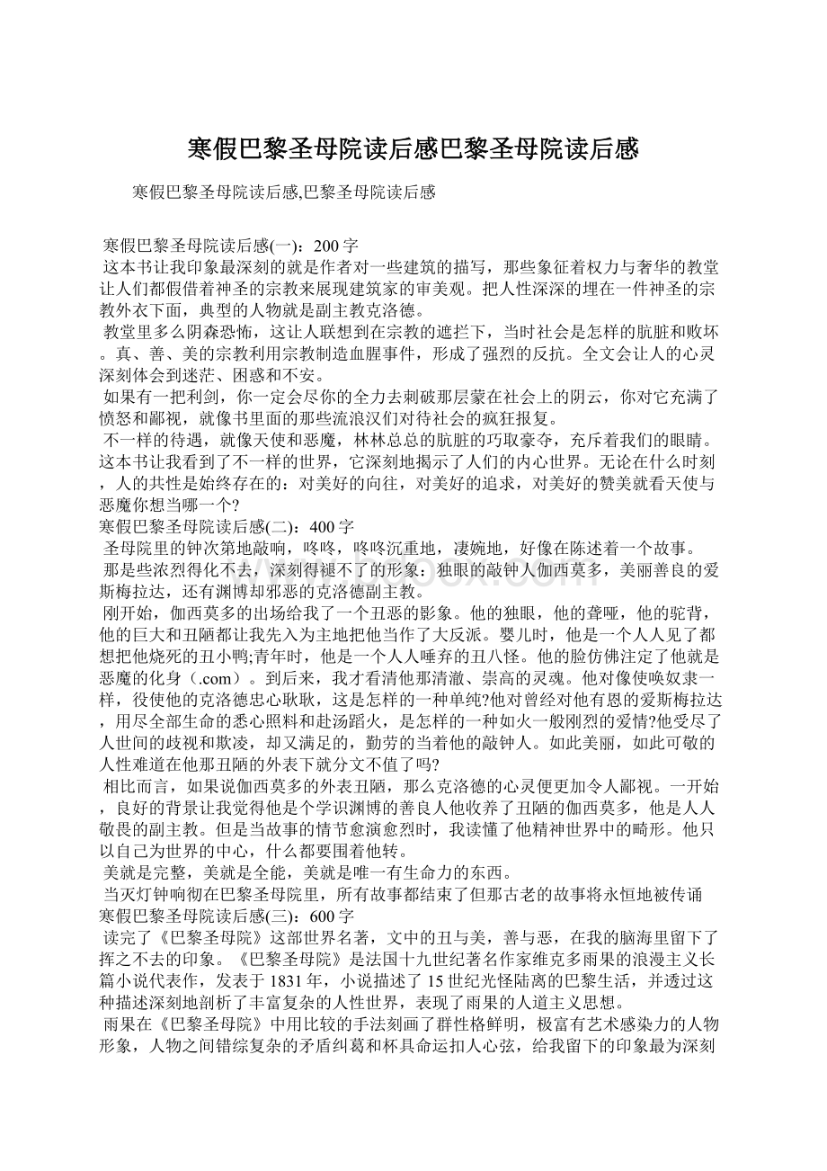 寒假巴黎圣母院读后感巴黎圣母院读后感.docx_第1页