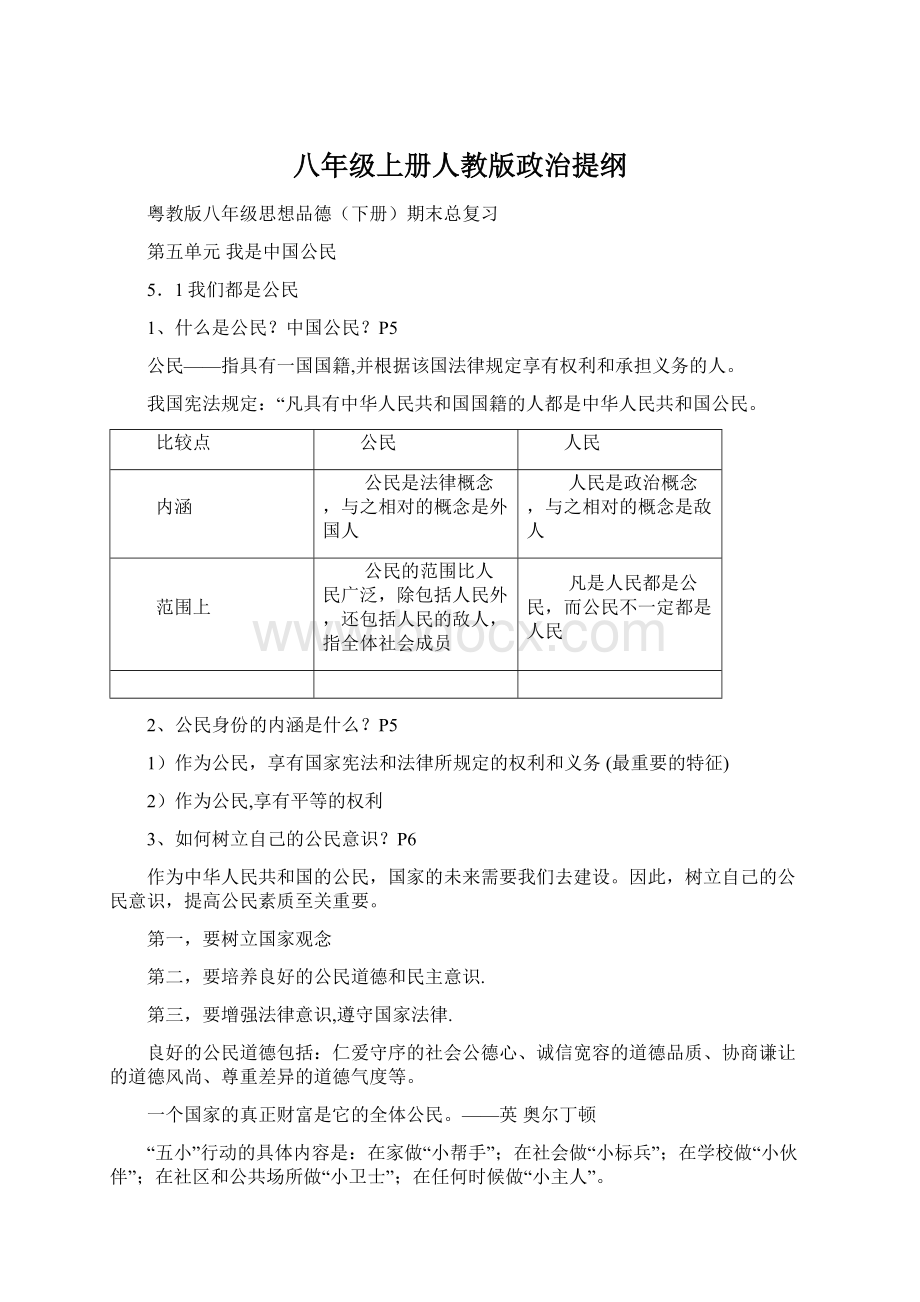 八年级上册人教版政治提纲Word格式.docx_第1页