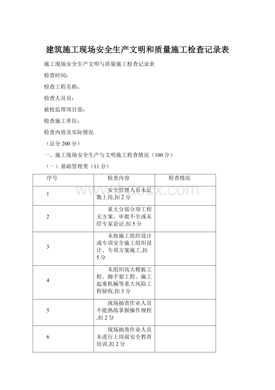 建筑施工现场安全生产文明和质量施工检查记录表.docx_第1页