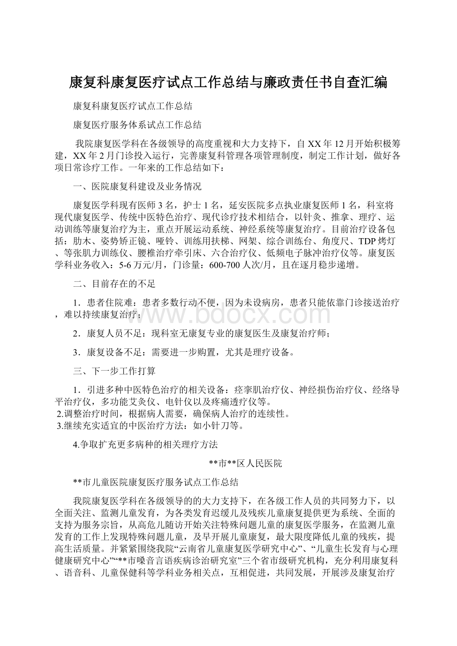 康复科康复医疗试点工作总结与廉政责任书自查汇编.docx_第1页