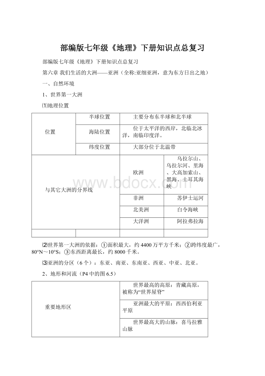 部编版七年级《地理》下册知识点总复习Word格式.docx_第1页